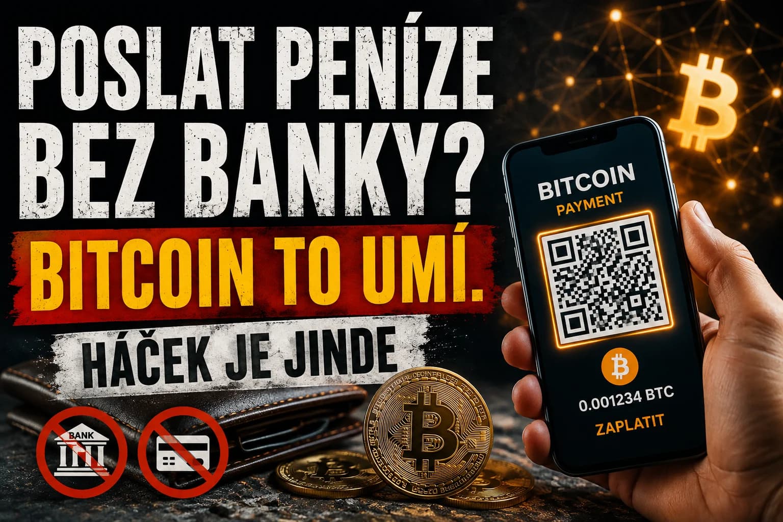 Ilustrace: platba Bitcoinem přes QR kód v mobilu, nadpis „Poslat peníze bez banky? Bitcoin to umí. Háček je jinde“