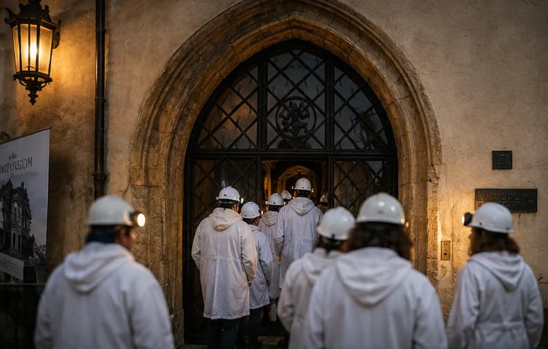 Skupina návštěvníků v perkytlích a helmách vstupuje portálem do Hrádku v Kutné Hoře