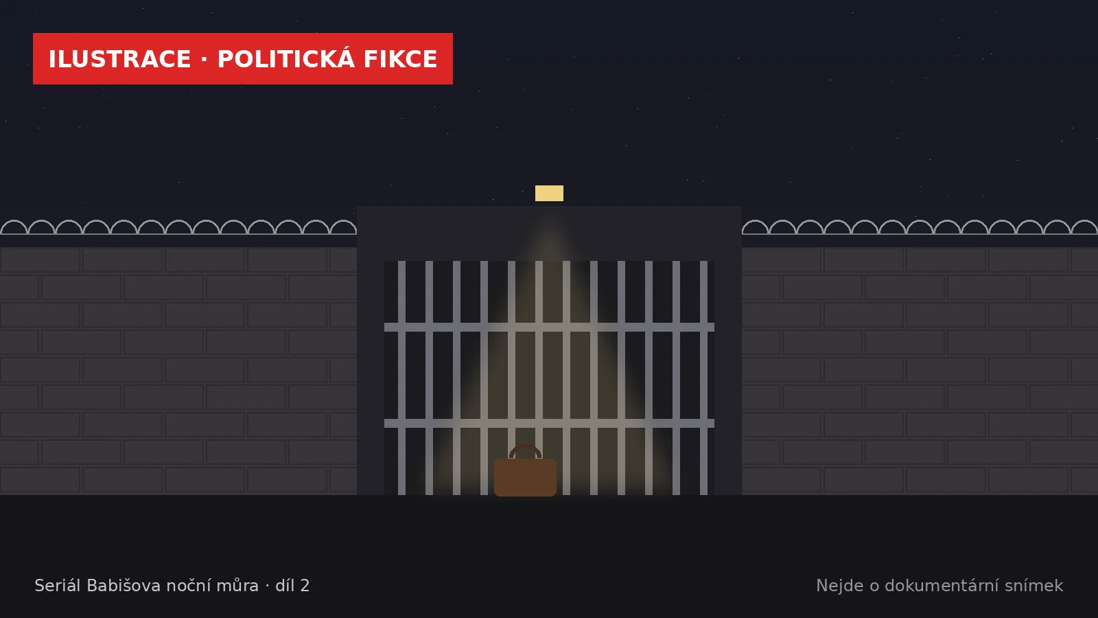 Ilustrace: zavřená vězeňská brána v noci s taškou před ní, označená jako politická fikce