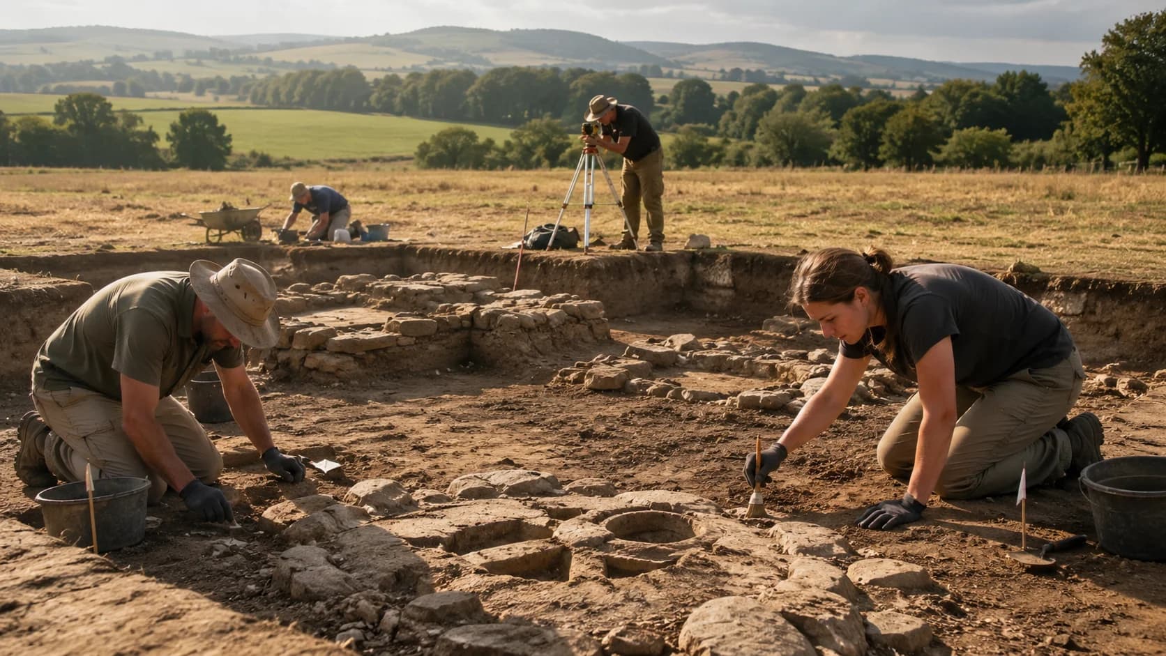 Archeologové odkrývají kamenné základy na poli
