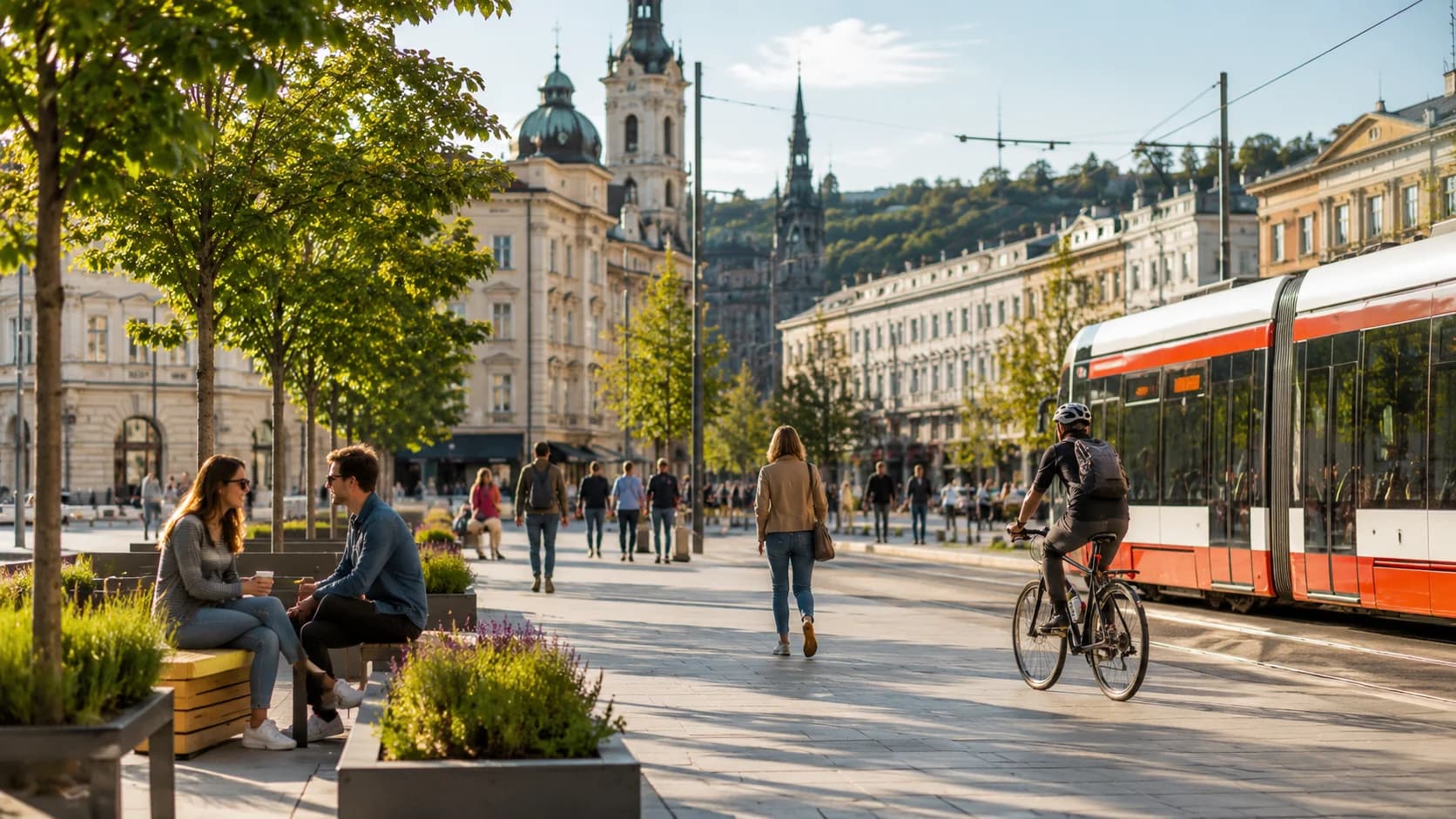 Upravené městské náměstí s tramvají, chodci a cyklistou