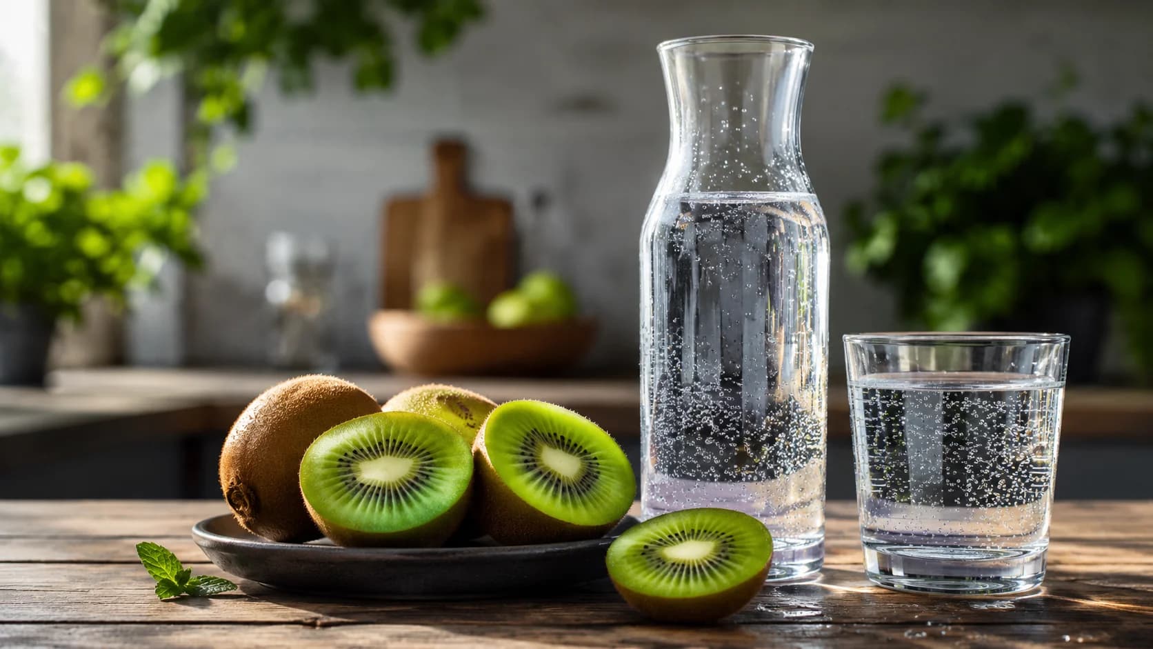 Kiwi vedle karafy a sklenice perlivé vody