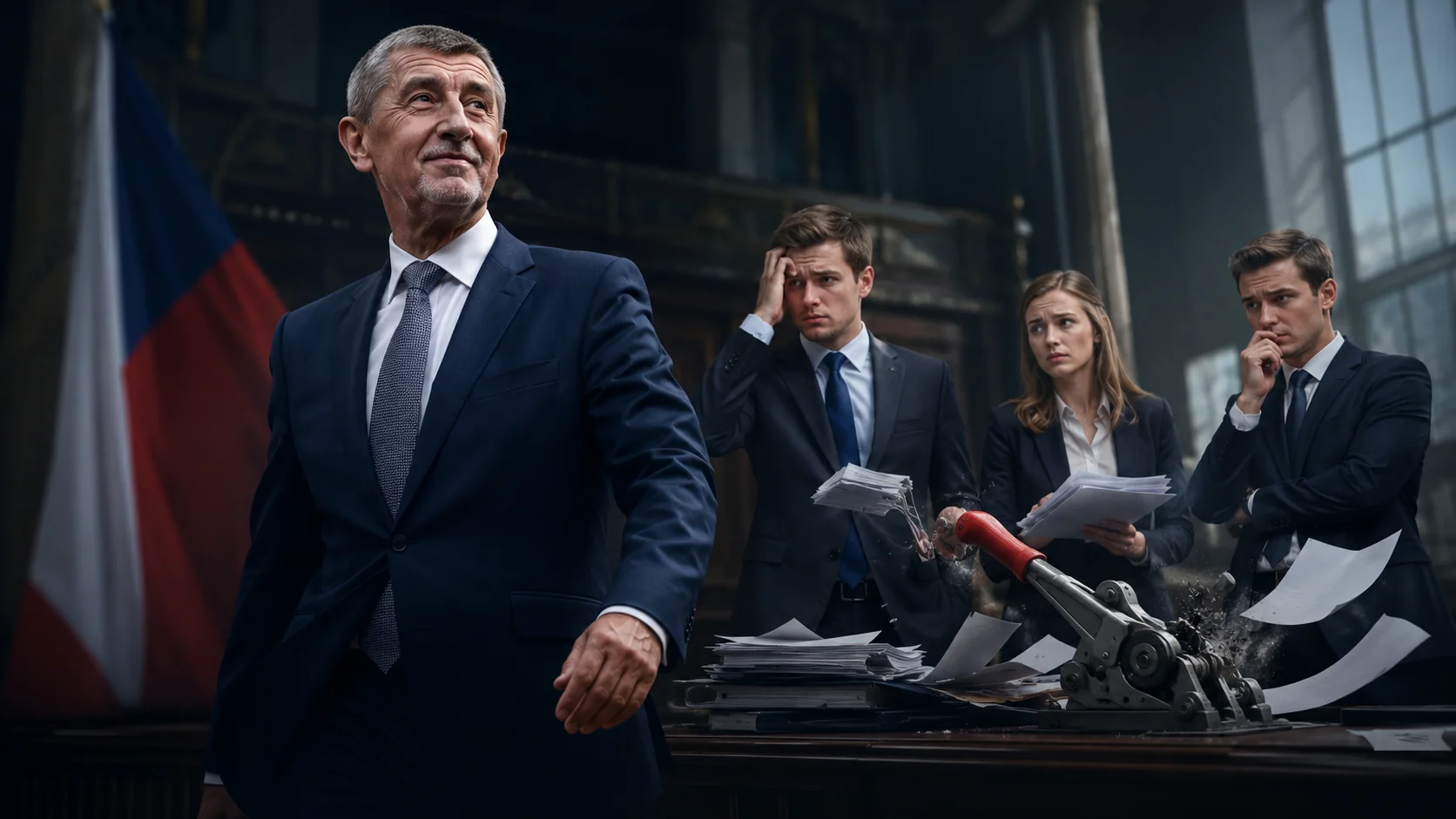 Andrej Babiš odchází od stolu, na kterém se rozpadá symbolická rozpočtová brzda