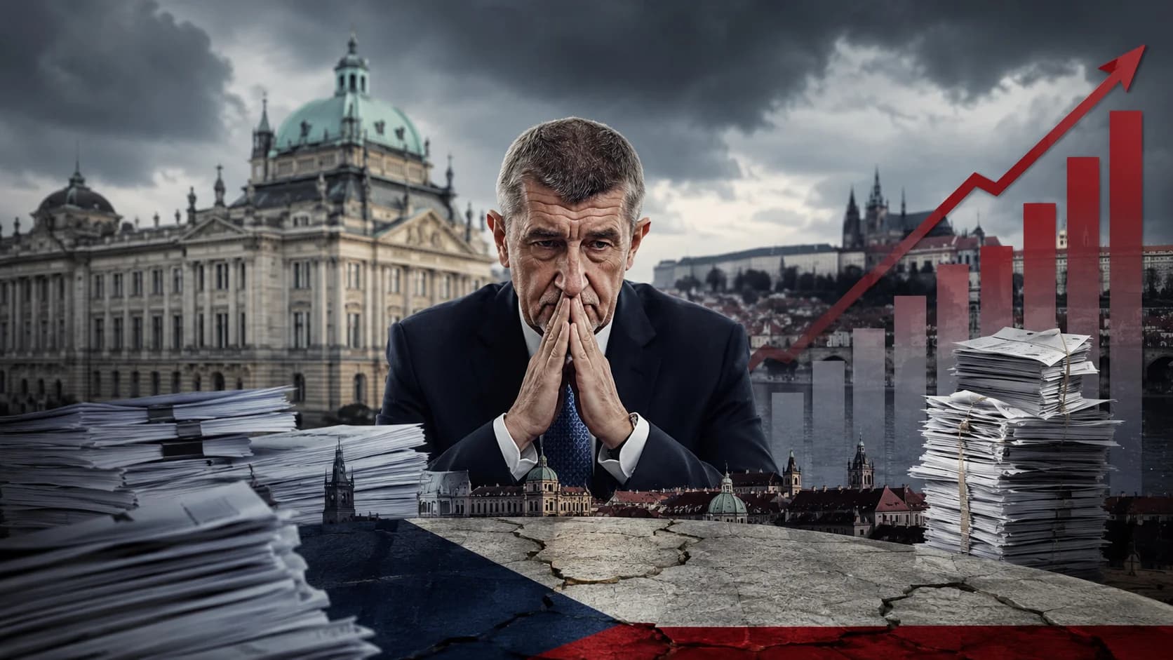 Andrej Babiš před rostoucím grafem státního dluhu a hromadami dokumentů