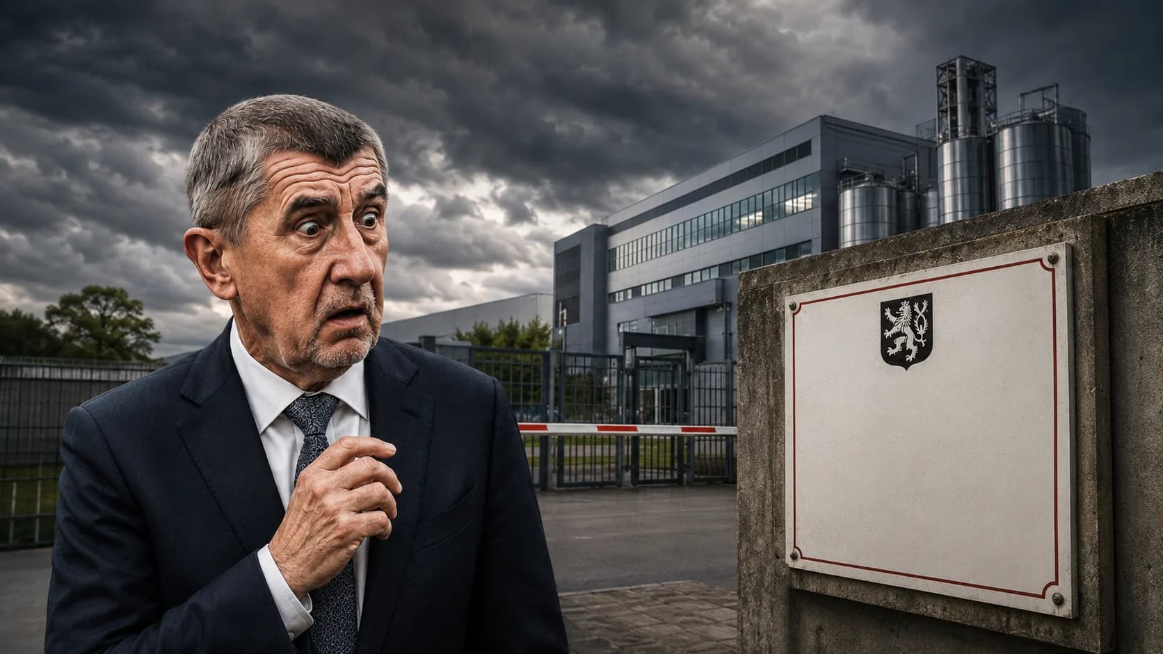 Andrej Babiš před průmyslovým areálem a ilustrační státní tabulí